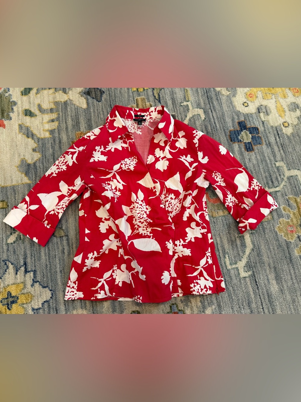 Women's Talbots Red White Floral 3/4 Sleeves Faux Wrap Blouse Top Size 6p petite